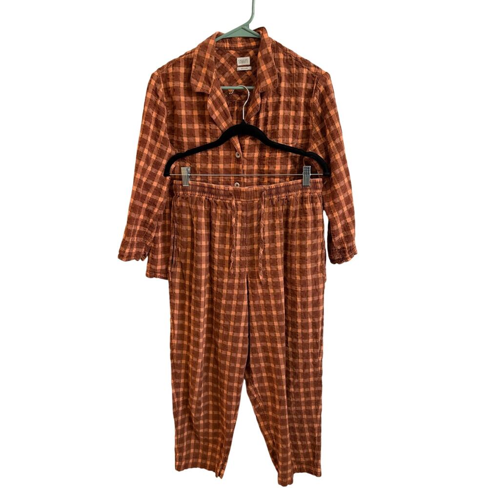 Toast 100% Cotton Matching Set Lounge Pajamas Seersucker Gingham Sz M-See Button